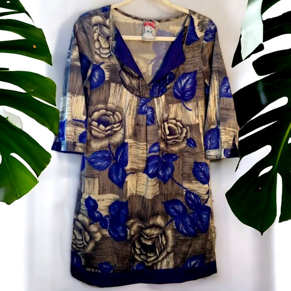 Yoana Baraschi Silk Floral Shift Dress Blue Beige Split V-Neck Pockets Size S - Picture 1 of 13